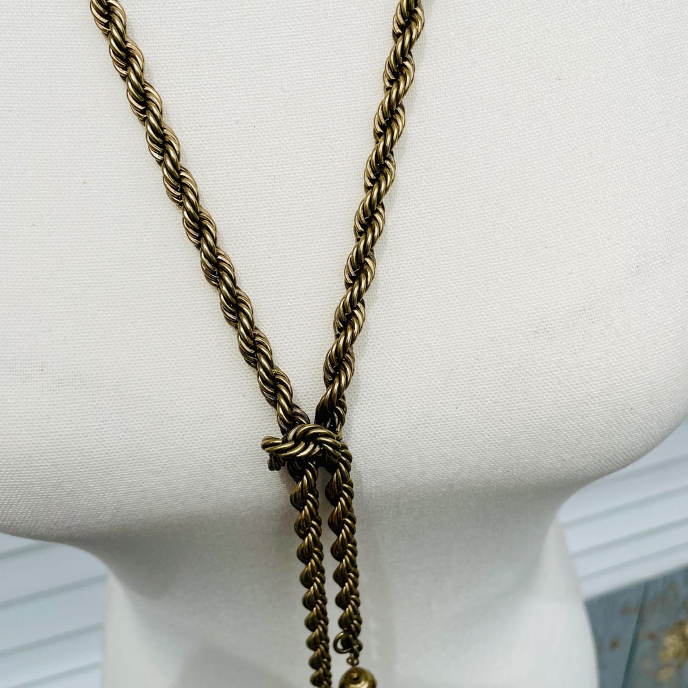 Chicos Twisted Rope Lariat Tassel Necklace Long Antique Gold Tone Opera Length - Picture 2 of 16